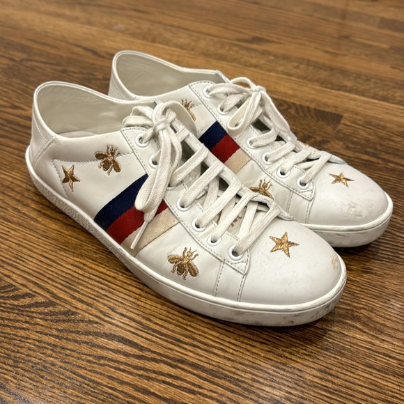 Gucci White Leather Ace Bees and Stars Embroidered Lace Up Sneakers Size 37.5 - Picture 2 of 8